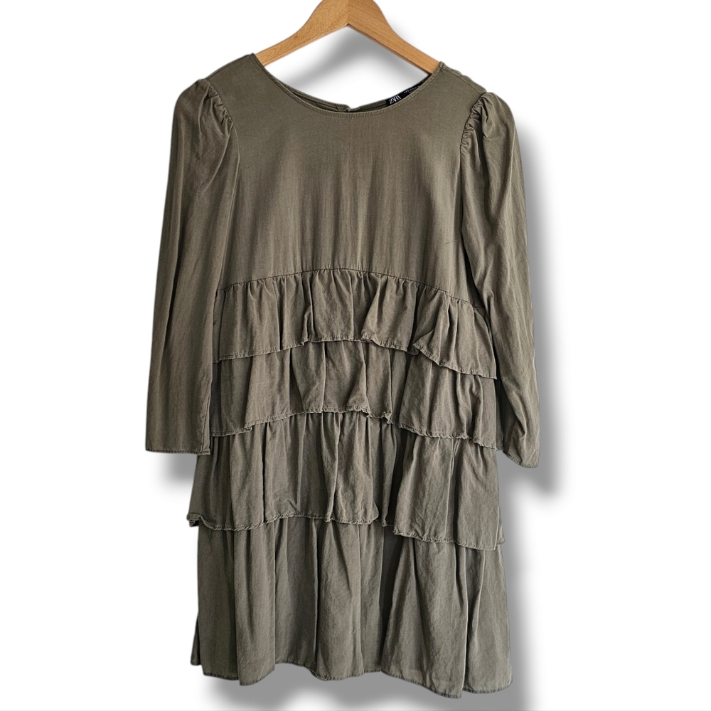 Zara 3/4 Sleeve Dress Size S‎ Olive Green Crew Neck 100% Lyocell Ruffled Ruching